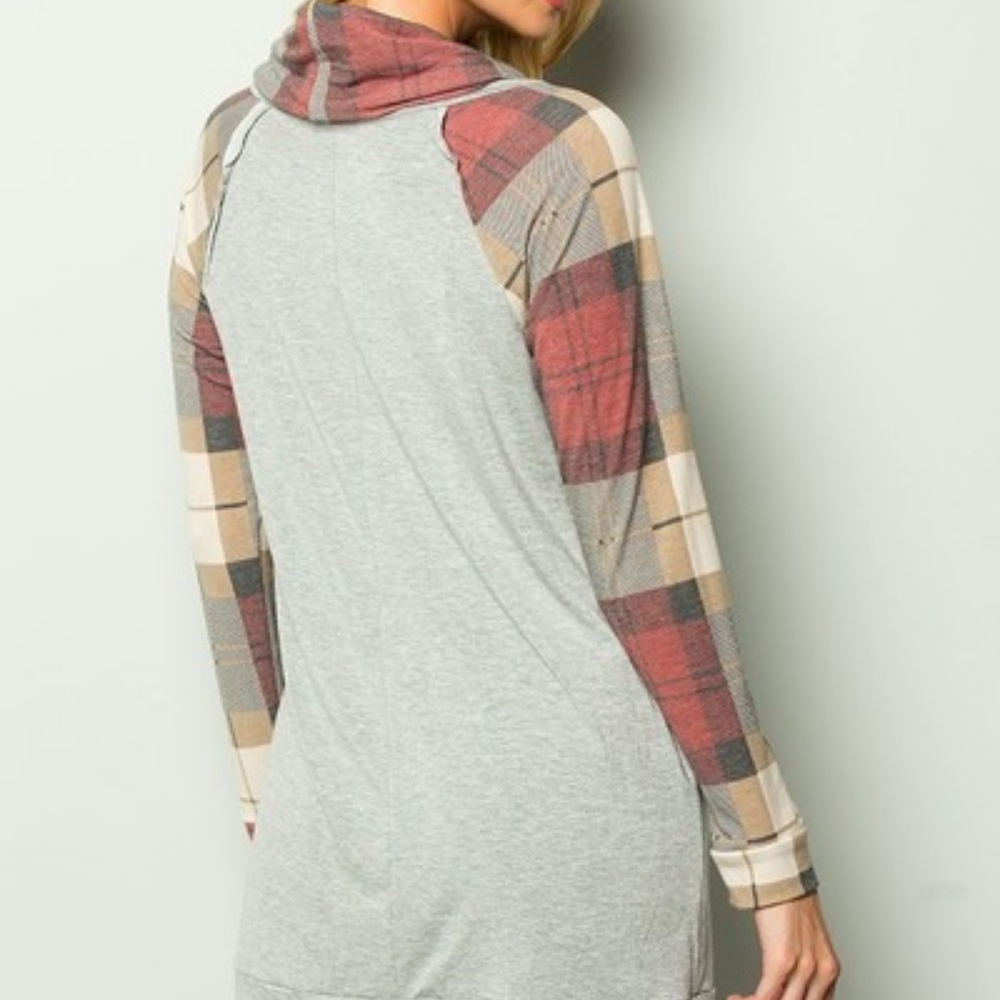 Cowl neck plaid/grey block color long sleeve top - Picture 3 of 7